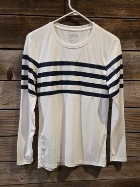 Long Sleeve White Navy Blue Striped Shirt Size Medium